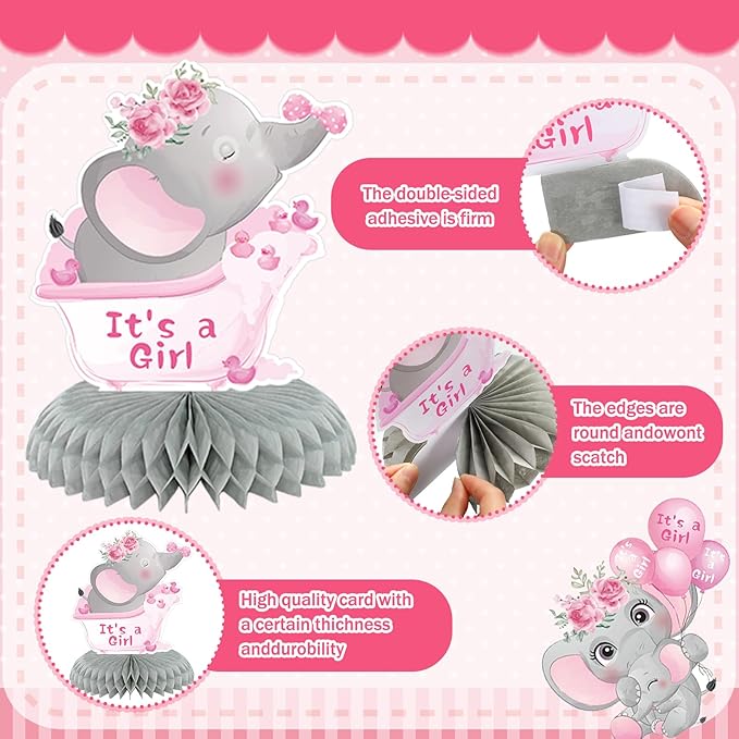 12 Pcs Pink Elephant Baby Shower Decorations Honeycomb Centerpieces Elephant Baby Shower Table Decoration Balloon Moon Flowers Table Topper for Birthday Party Favors Supplies