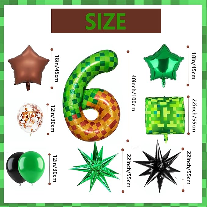 Green Pixel Miner Number 6 Foil Balloon Set 40 Inch Large Mylar Mining Theme Brown 6th Number Balloons Pixel Cubes Boxes Video Game Birthday Party Decorations 10Pcs