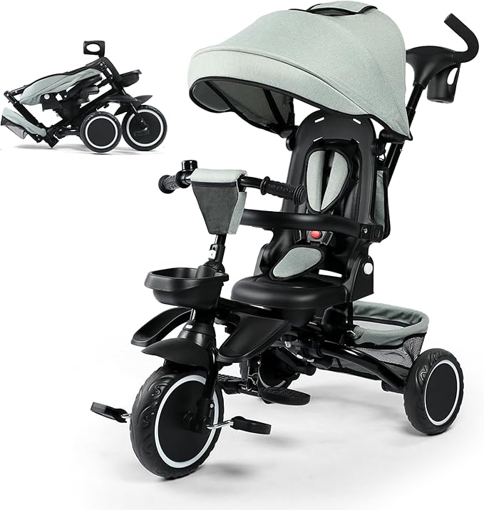 8 in 1 Kids Tricycle, Folding Toddler Tricycle w/Reversible Seat, Adjustable Push Rod & Canopy, Baby Trike Toddler Bike w/Bell, 5-Point Harness, Extra Storage, Cup Holder, Pale Green