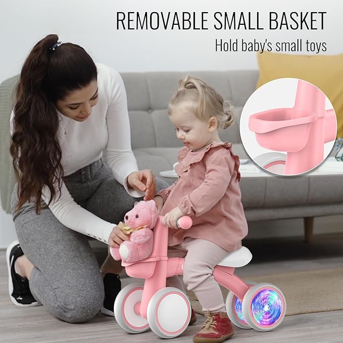 Umatoll Colorful Lighting Baby Balance Bike Toys for 1 Year Old Girl Gifts, Adjustable Seat, First Birthday Gifts, 12-24 Months Toddler Bike, Pink
