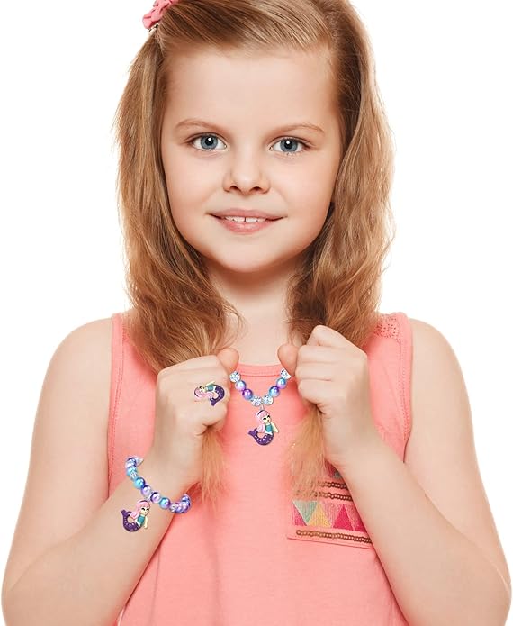 Girls Mermaid Necklace, Bracelet, Ring Set - Dress Up Pretend Play Jewelry Gifts for Kids & Toddlers - Mermaid Party Costume Supplies