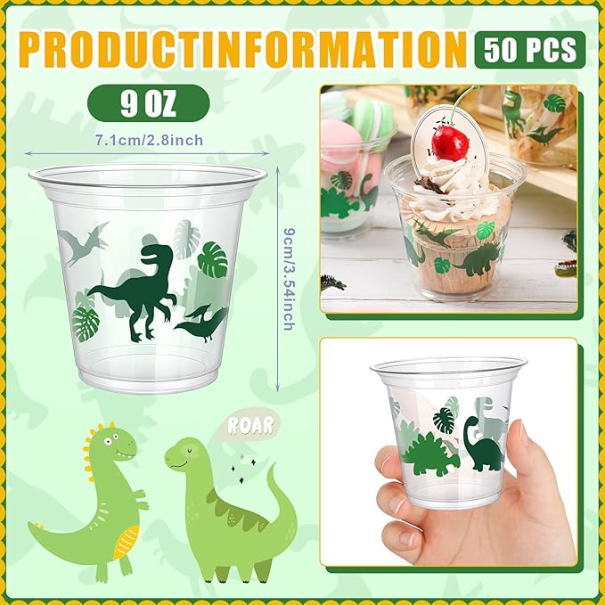50 Pcs 9oz Dinosaur Cup Dinosaur Ice Cream Cups Plastic Disposable Clear Snack Bowls Dessert Bowls for Hot or Cold Soup Sundae Yogurt Supplies(Green)