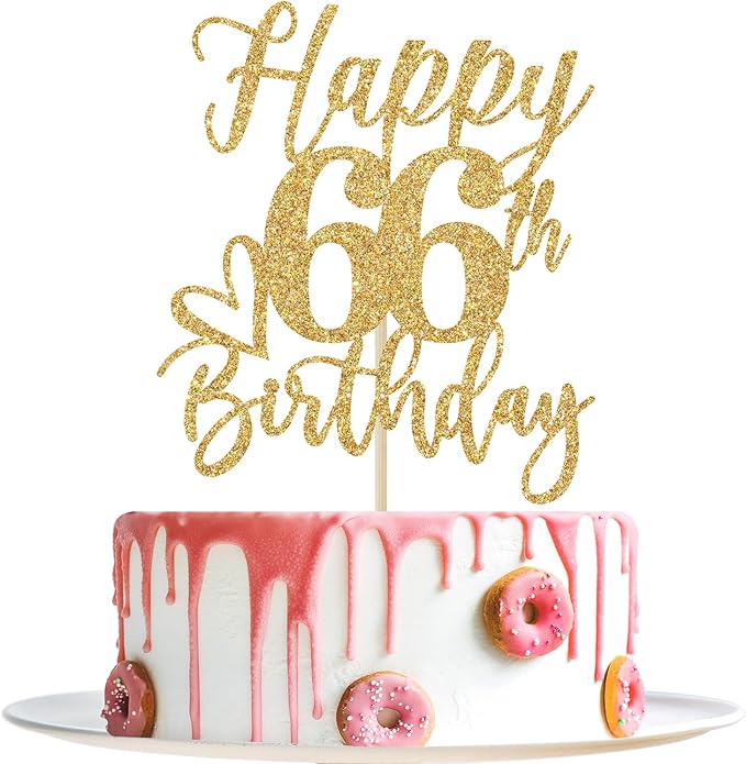 Happy 66th Birthday Cake Topper, 66th Birthday Decorations for Men/Women, Cheers to 66 Years, Hello 66, 66th Happy Birthday Party Supplies Gold Glitter