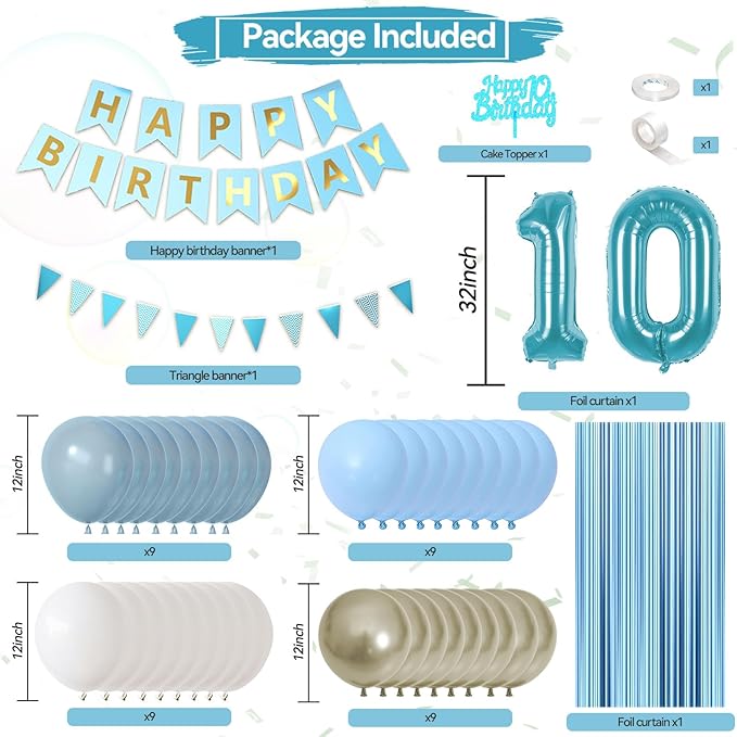 10th Birthday Decorations, Blue Happy Birthday Party Decorations With Teal Blue Number 10 Balloons Dusty Macaron Blue White Balloons Fringe Curtain Banner Cake Topper For Boy Girl Party Supplies