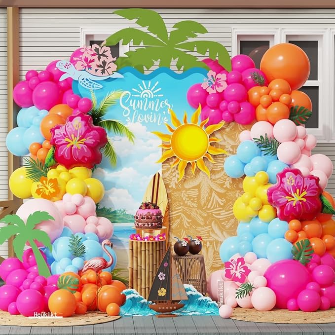 152Pcs Moana Birthday Party Decorations, Hot Pink Orange Macaron Pink Blue Balloons Garland Arch with Hibiscus Foil Balloon for Summer Tropical Luau Hawaii Magic Party Supplies