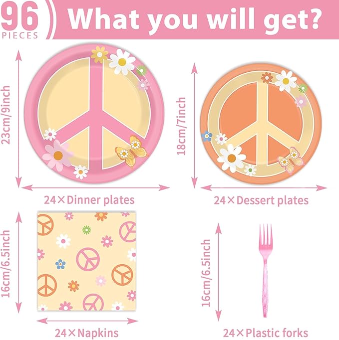 96 Pcs Groovy Birthday Party Supplies for 24 Guests Hippie Peace Sign Tableware Plates Napkins 60's 70's Two Groovy Retro Dinnerware Table Decorations Hippie Party Favor for Birthday Baby Shower Decor