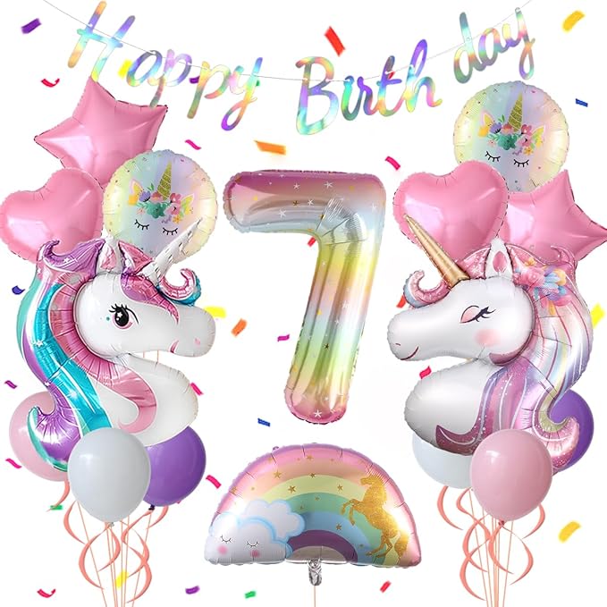 Unicorn 7th Birthday Party Decorations for Girl Purple Pink Theme Balloon Set, Large Rainbow Unicorn Helium Balloons with Heart and Star Baby Shower Kids Supplies (number 7 set)