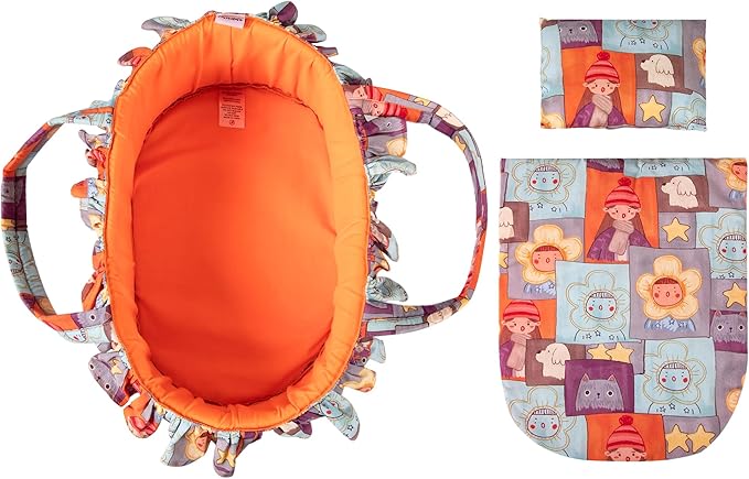 Doll Carry Cot Set, Soft 3PC Set Includes Cot, Mattress and Pillow, Orange Cartoon Doll Bassinet, Fits for 10-12 Inch American Girl Dolls