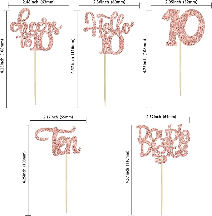 30Pcs 10th Birthday Cupcake Toppers Ten Double Hello 10 Cupcake Picks Cheers to 10 Years Old Cake Decorations for 10th Birthday Party Supplies Rose Gold Glitter