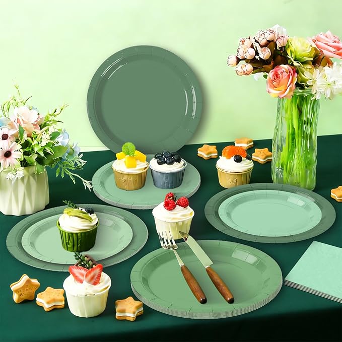 180pcs Sage Green Paper Plates and Napkins Set,Sage Green Baby Shower Decorations,for Birthday Wedding Bridal Baby Shower Party Supplies, Serve 60