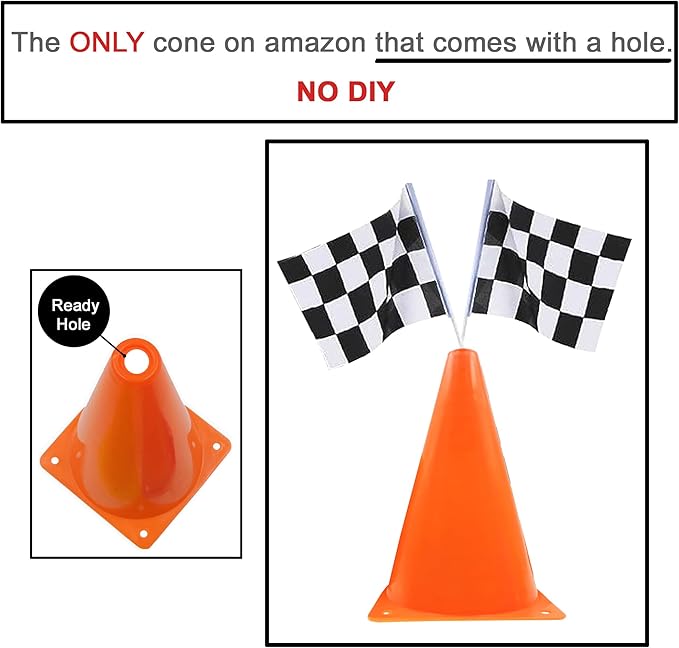 Racing Cars Birthday Decorations,Racecar Centerpiece Decoration - Orange Racing Cones(12), Checkered Flags (24), Plastic Tablecloth (54"x108"),Floor Runner,Banner Race Car Party(40pcs)