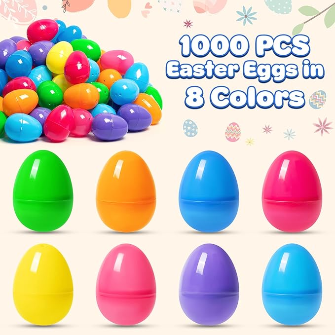 1000 PCS Plastic Easter Eggs Bulk, 2.4" Empty Easter Eggs in 8 Colors, Fillable Easter Egg for Easter Hunt, Basket Stuffers Fillers, Classroom Prizes, Party Favors Supplies Decoration