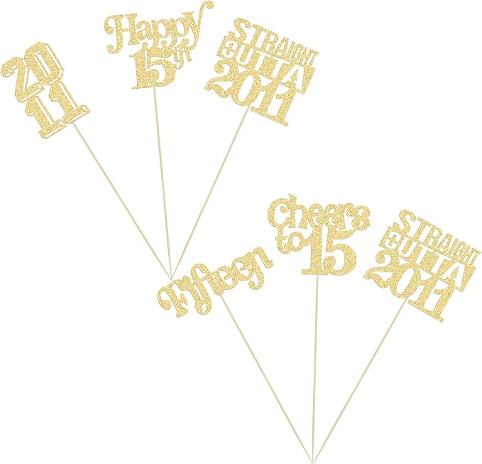 Gyufise 15Pcs Happy 15th Birthday Centerpiece Sticks Fifteen Straight Outta 2011 Table Flower Centerpieces Sticks for Cheers to 15th Birthday Party Supplies Gold