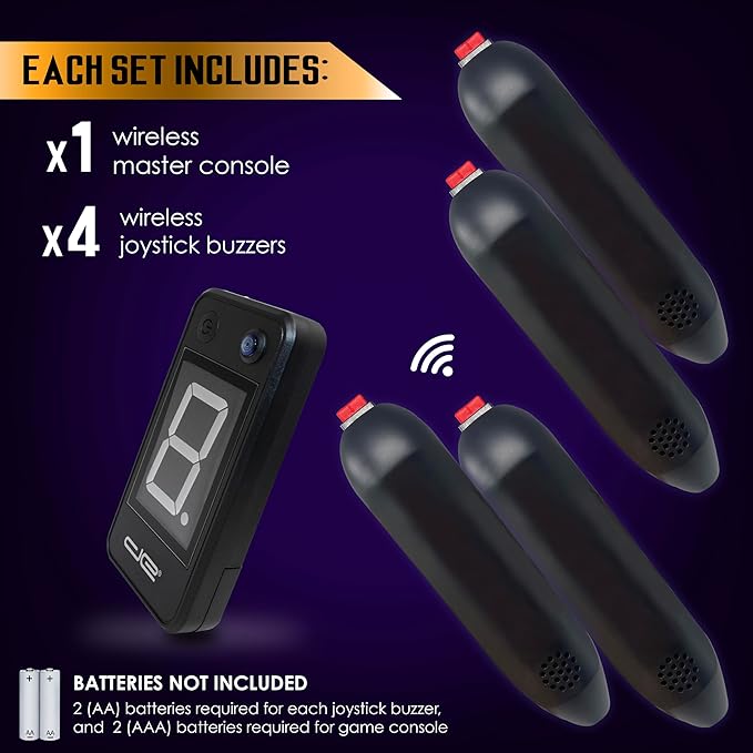 Digital Energy Wireless Handheld Game Buzzer System - Console Displays First Buzz-in - Great for Jeopardy, Family Feud, Trivia and Buzzer Games - 4 Joystick Buzzers
