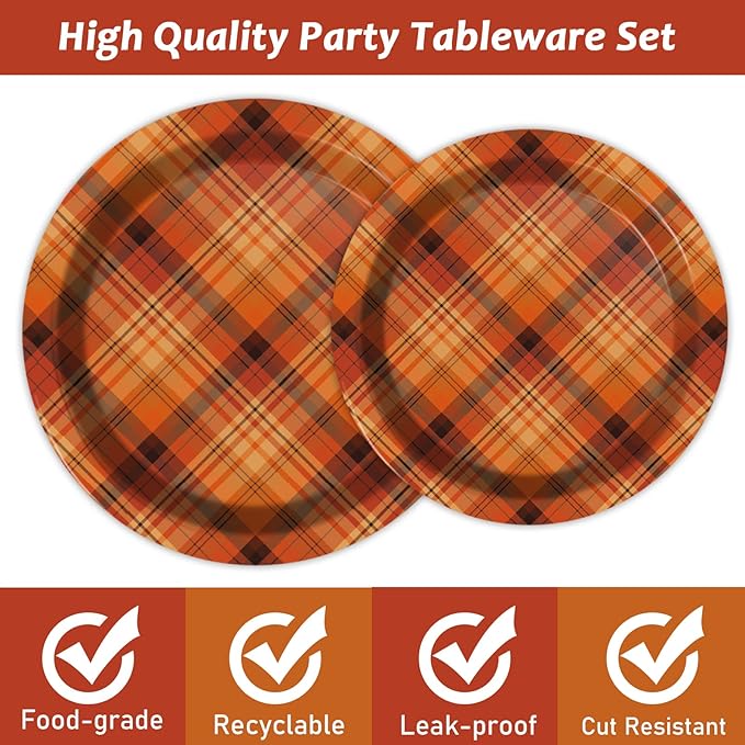 gisgfim 96 Pcs Thanksgiving Fall Orange Plaid Party Supplies Paper Plates Napkins Autumn Party Disposable Tableware Birthday Decorations Favors Serves 24