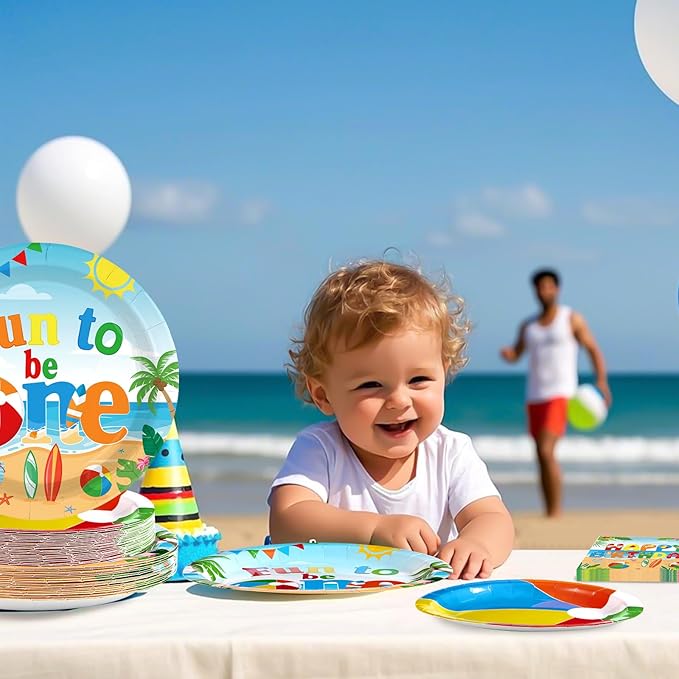 96Pcs Beach Ball Party Supplies Summer Beach Ball 1st Birthday Plates and Napkins Tableware Sets Fun to Be One Decorations for Baby Shower Luau Pool First Birthday Party Supplies Serves 24