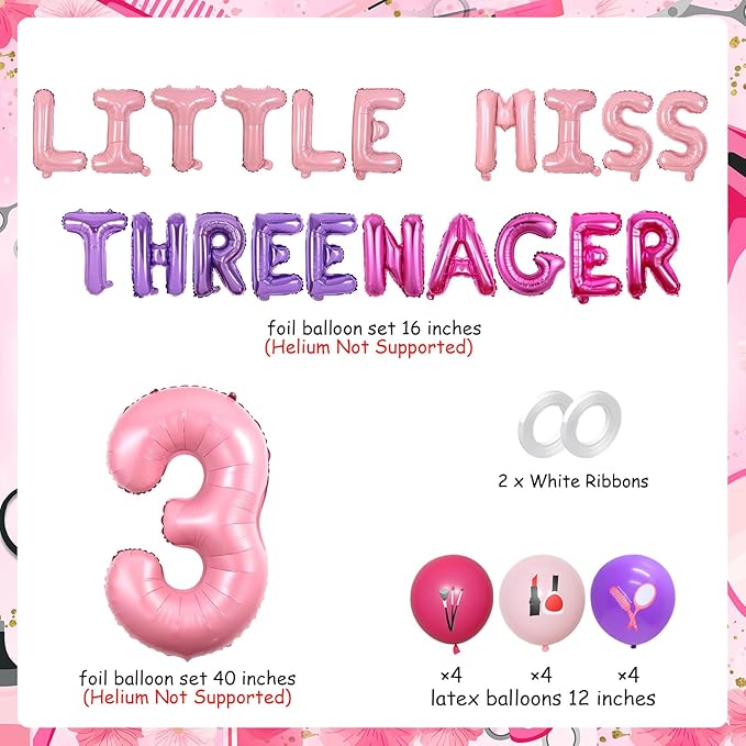 Little Miss Threenager Birthday Decorations Little Miss Threenager Balloon Banner Spa Theme Number 3 Balloons Makeup 3rd Party Supplies for Girls 3rd Birthday for Beauty Salon Bday
