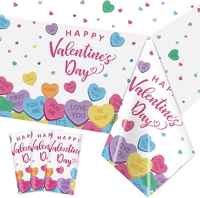 3Pcs Valentines Day Tablecloth, 54 x 108 Inch Conversation Hearts Plastic Table Cover, Colorful Love Heart Tablecloth for Wedding Anniversary, Valentines Day Decorations
