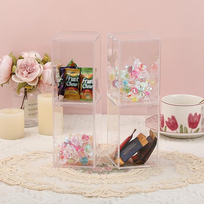 JUXYES 4 Pack Clear Display Case for Mini Action Figures, Acrylic Box with Sliding Door, Stackable Cube Small Showcase, Free Standing Collectibles Protection, 3x3x4.5 Inches
