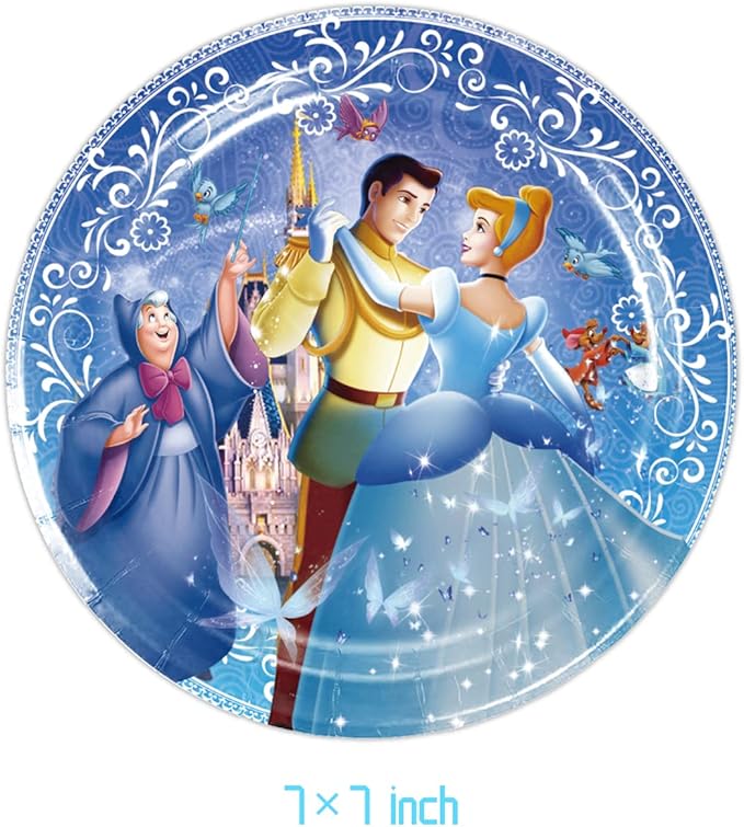 41Pack Cinderella Party Supplies include 7"10Pcs and 9" 10Pcs plates, 20 napkins Tablecloth for Cinderella birthday party decoration
