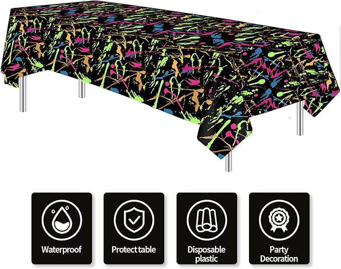 Neon Party Supplies Tablecloth - Disposable Glow Birthday Party Decorations Table Cover, Neon Glow Graffiti Theme Birthday Baby Shower Table Cloth - 4 Pack (54in x 108in)