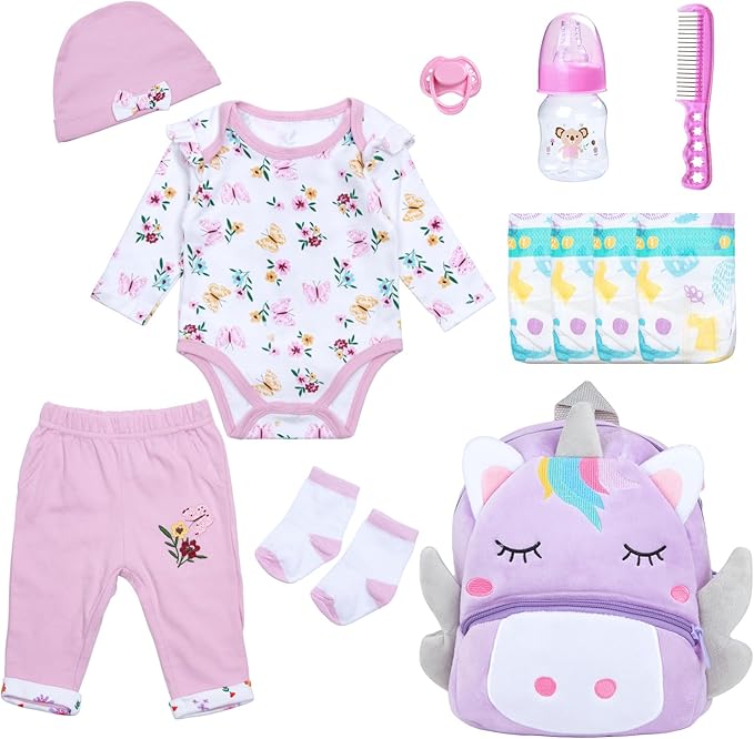 Reborn Baby Dolls Clothes Girl Purple Flower Outfit Accessories 12 Pcs for 17-22 Inches Reborn Doll Newborn Girl with Purple Unicorn Backpack