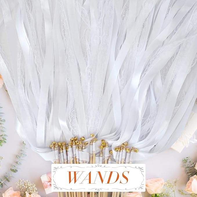 50Pcs Ribbon Sticks Wands Streamers with Bells Silk Lace Fairy Stick Party Ribbon Streamers for Wedding Party, Birthday and Holiday Activities-White