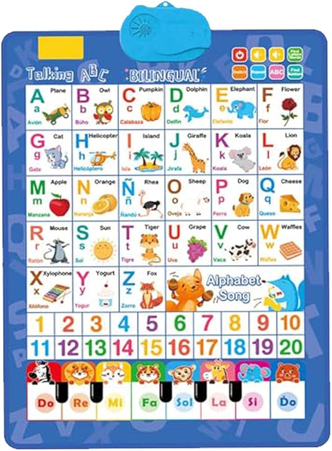 Bilingual Interactive Wall Chart for Kids – English & Spanish ABC Song Poster with Sound Effects, Alphabet, Numbers, Animal Words & Piano for Toddlers 1-6 (Blue-01)