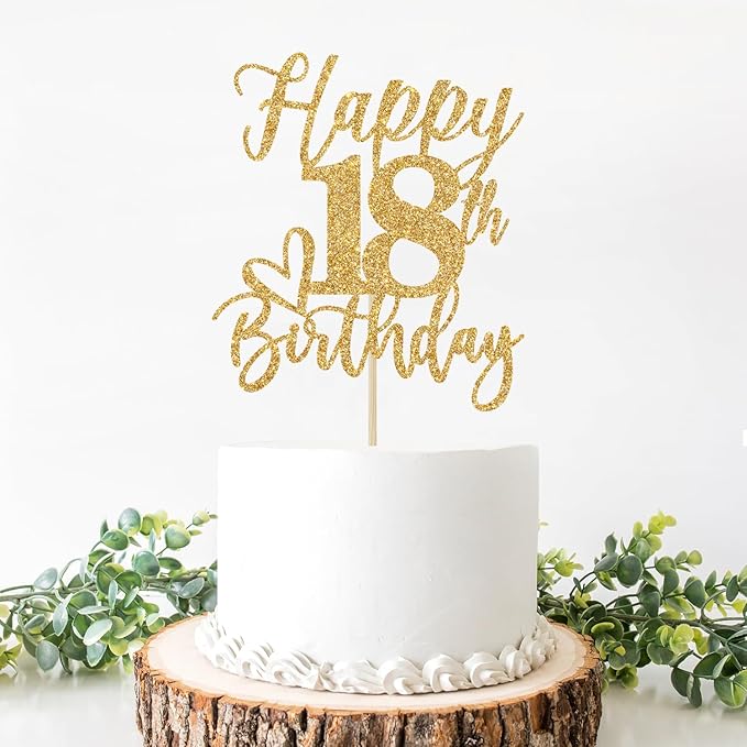 Gold Glitter Happy Birthday Cake Topper, Funny Happy Birthday Party Supplies (happy 18th birthday, Gold Glitter)