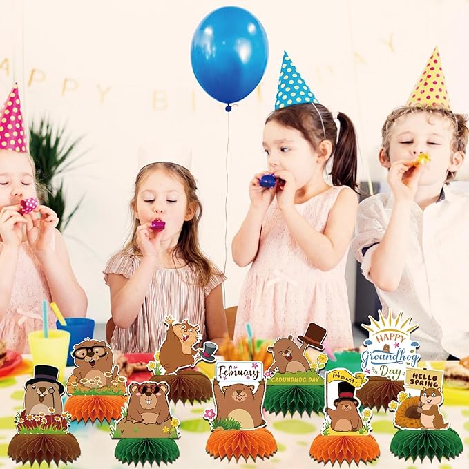 Gameza Groundhog Day Decorations, 9PCS Cute Groundhog Day Party Table Decoration, Happy February Honeycomb Centerpieces Party Decor Supplies for Weather Forecast Spring