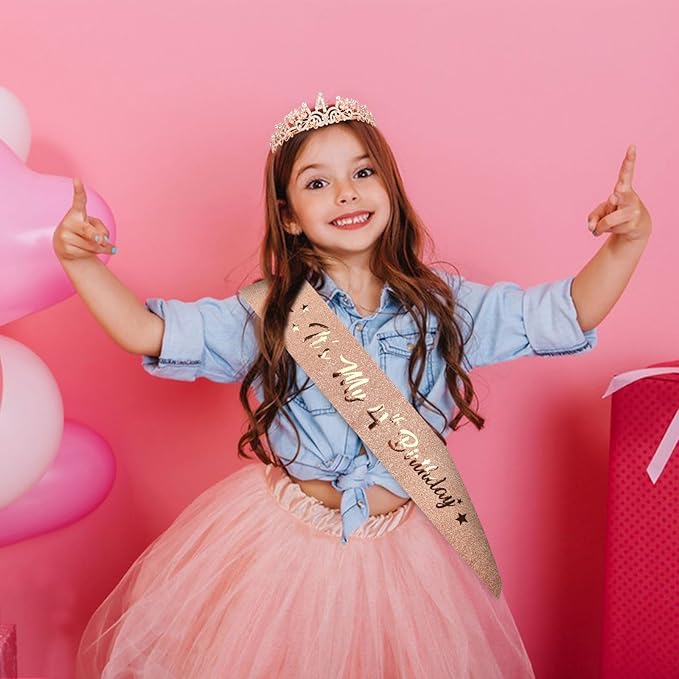 Semato 4th Birthday Decorations for Girl Sash and Crown Kit Rose Gold 4 Year Old Girl Birthday Gifts for Her Party Supplies