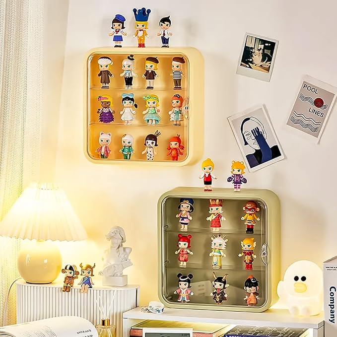 Clear Display Case for Figures, Collectibles Display Box with Shelves, Wall Mounted or Desktop Plastic Organizer, Miniature Display Case for Mini Figure Toys, 12 Inch (Yellow-1 Pack)