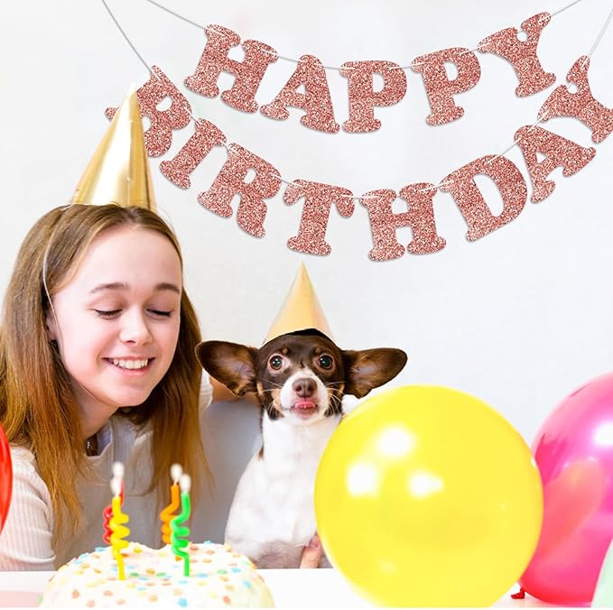 Glitter Rose Gold Happy Birthday Banner Birthday Party Decorations Sign Garland Bunting Banner for Wall Decor Party Background for Kids Boys Girls Adults