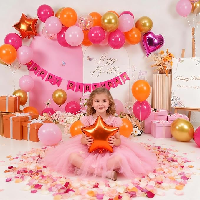 Pink Orange Party Decorations,Hot Pink Gold Birthday Decorations Happy Birthday Banner Cake Topper Star Heart Foil Balloon for Girls Women Kids Party Decor