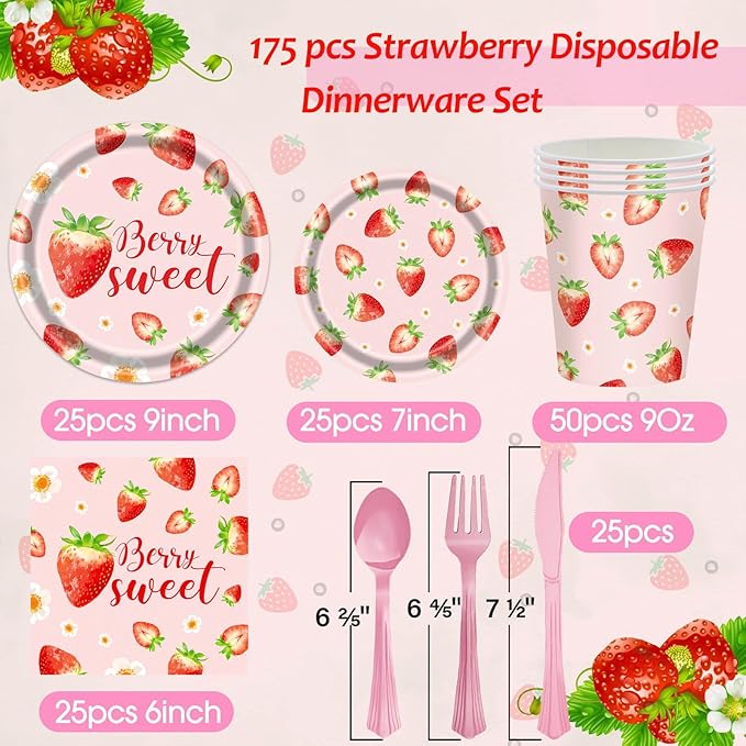 Strawberry Plates and Napkins Tableware Set - 175 Pcs Strawberry Baby Shower Party Birthday Supplies, Strawberry Shortcake Birthday Decorations for Berry Sweet Baby Shower (25 Guest)