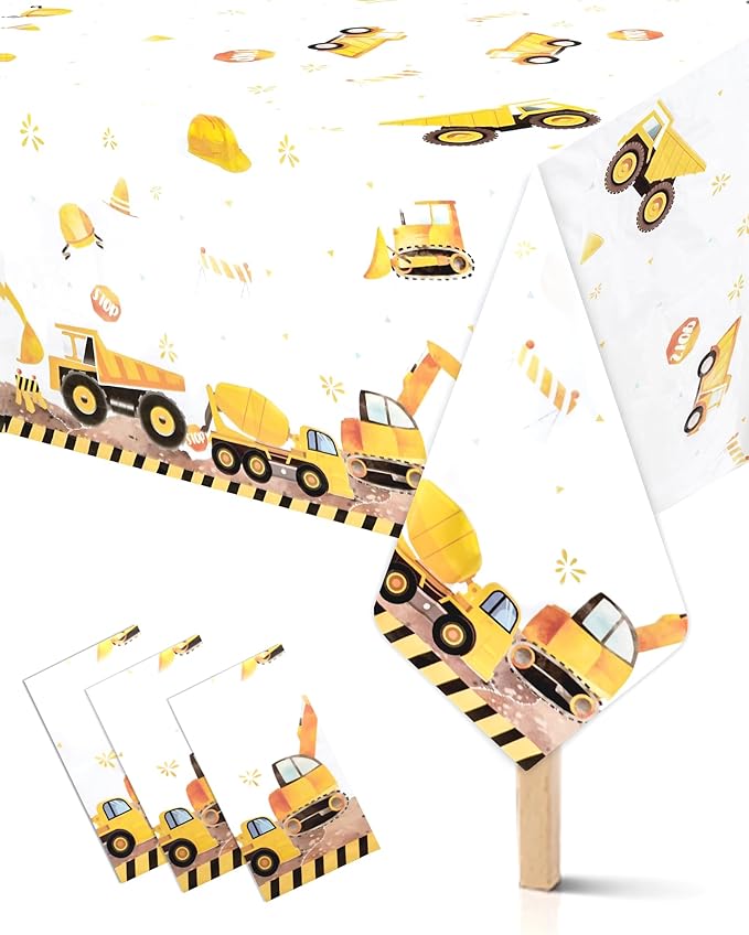 3PCS Construction Plastic Birthday Party Tablecloths,Dump Truck Themed Table Cover for Kids Boy Construction Birthday Party Supplies Tables Decorations, 54 x 108inch