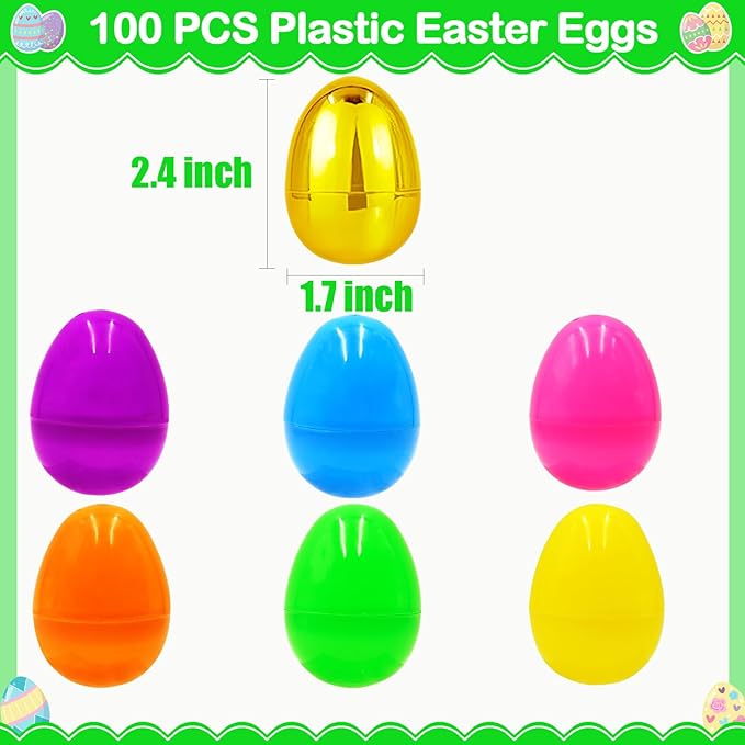 100 PCS 2.4" Plastic Easter Eggs with 6 Golden Eggs, Empty Fillable Bright Colorful Eggs for Kids Boys Girls Easter Hunt Classroom Prizes Basket Stuffers Easter Party Favors