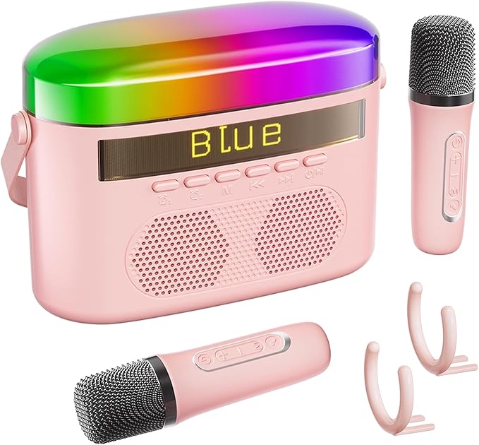 2025 New Mini Karaoke Machine for Kids & Adults, 2 Wireless Mics, LED Colortul Lights, Portable Outdoor Bluetooth Speaker - Pink