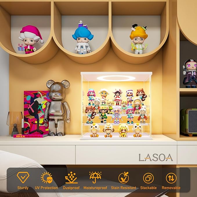 LASOA Acrylic Display Case with Adjustable LED Lights, 5 Tier Clear Display Box for Action Figures and Collectibles, Self-Assembly Showcase with White Base for Miniatures, 11.8x11x11.8inch