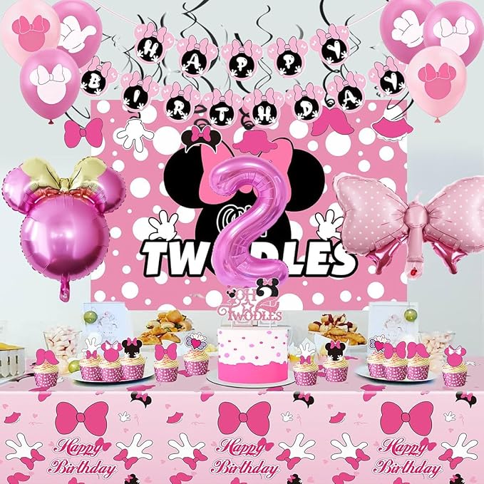 Pink Mouse 2nd Birthday Party Supplies Oh Twodles Girl Second Party Decorations Cartoon Mouse Theme Birthday Decorations Set