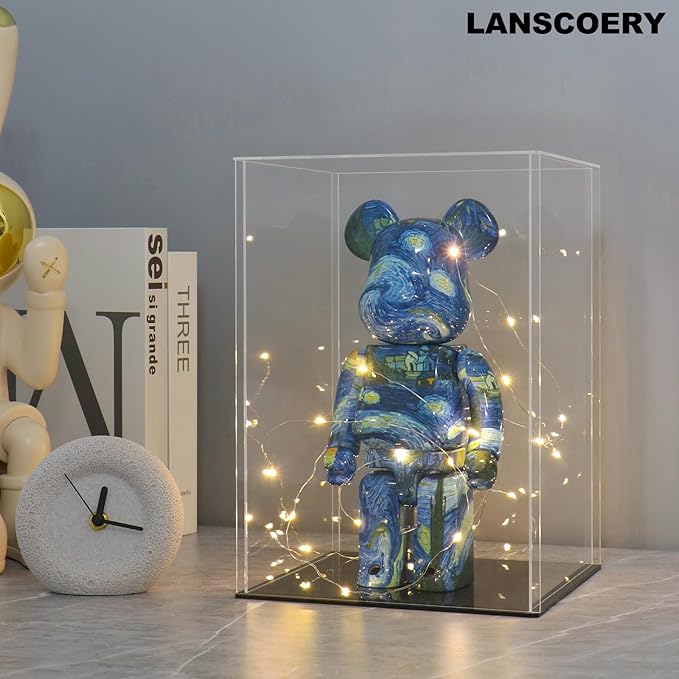 LANSCOERY Acrylic Display Case, Assemble Large Showcase Display Box for Collectibles, with Dustproof & Seamless Display Design, Compatible with Lego C-3PO 76989 21347, 12x10x16inch Thick Black Base