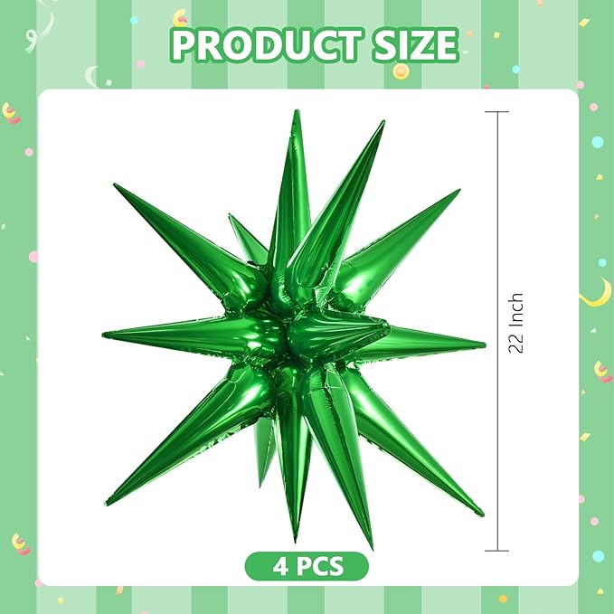 TONIFUL 4 Pcs 22inch 4D Green Explosion Star Mylar Balloons 14Point Star Balloons for Party Decorations Backdrop Christmas,New Year Birthday, Wedding Baby Shower Anniversary Photo Booth Supplies
