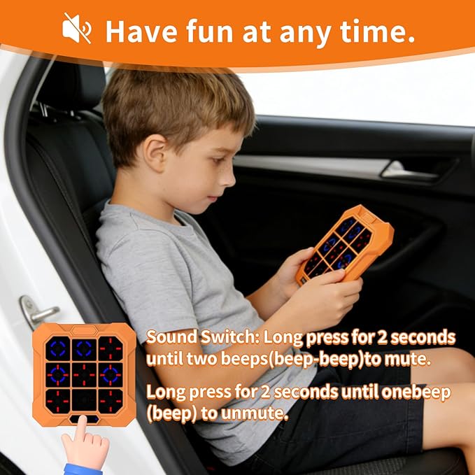 6-in-1 Rechargeable Electronic Tic-Tac-Toe Game, Portable Digital Travel Toy, Suitable for Children, Boys, Girls and Adults, Educational Memory Learning Toy for Ages 4 and Up (Orange)
