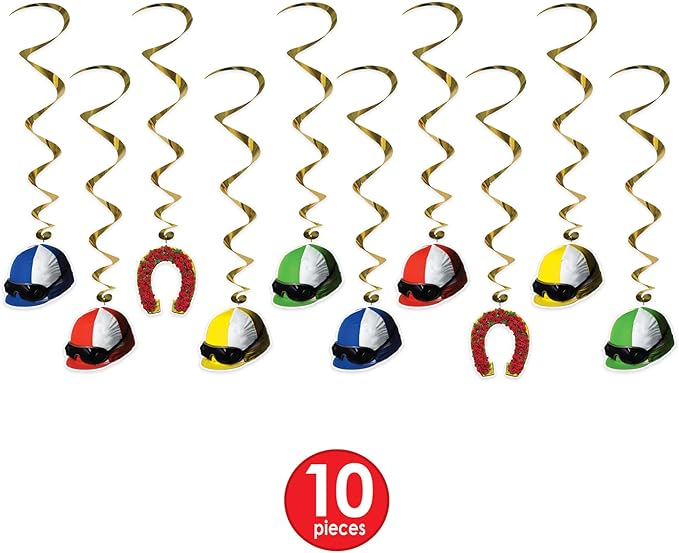 Beistle 10 Piece Derby Day Jockey Helmet Whirls Hanging Spirals for Horse Racing Party Decorations, 37", Multicolor