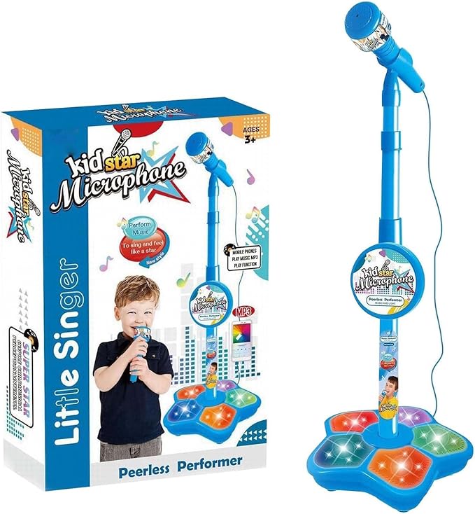 All in One Microphone Toy with Stand, 2026 New Kids Microphone with Music & Light, Speaker & Echo Effects, Adjustable Height, Christmas Birthday Gift (Blue)
