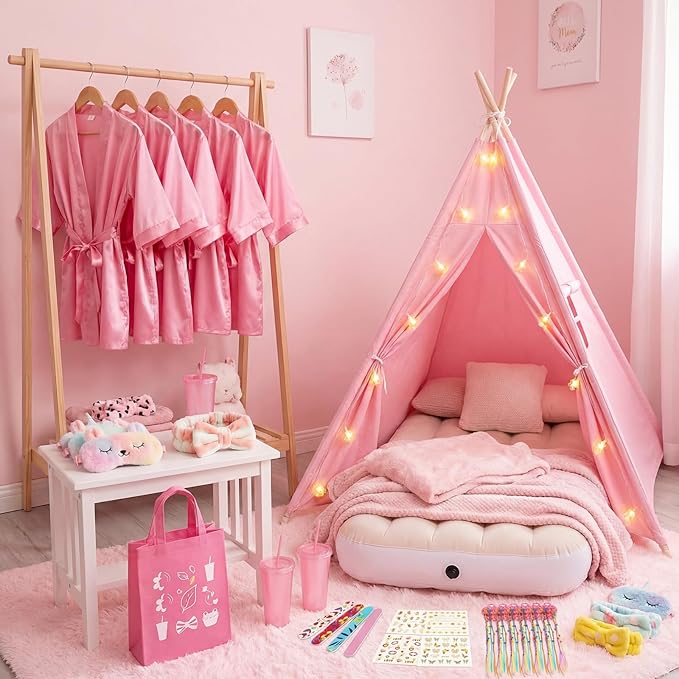 6 Set Sleepovers Teepee Tents Spa Party Robes Supplies Bulk with Inflatable Airbed and Light String, Party Supplies for Birthday Movie Spa Favors Gifts Indoor Outdoor(6 Pink)