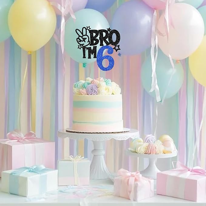 1 PCS Brother I'm 6 Cake Topper Glitter Star Happy 6th Birthday Cake Pick Bro I'm 6 Cake Decoration It's My 6th Birthday Decorations for Boys Cheers to 6 Years Old Birthday Party Supplies Blue