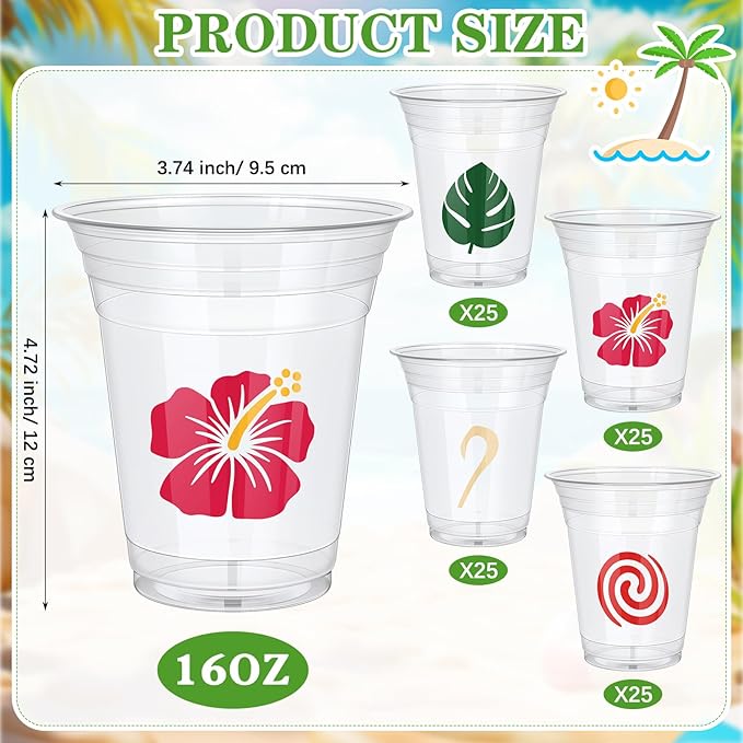 Pinkunn 100 Pcs Ocean Themed Plastic Cups Bulk Clear Plastic Sea Navigation Themed Mug Cups 16oz Flower Luau Mug Hawaiian Party Drinking Tumblers for Hawaiian Party Supplies