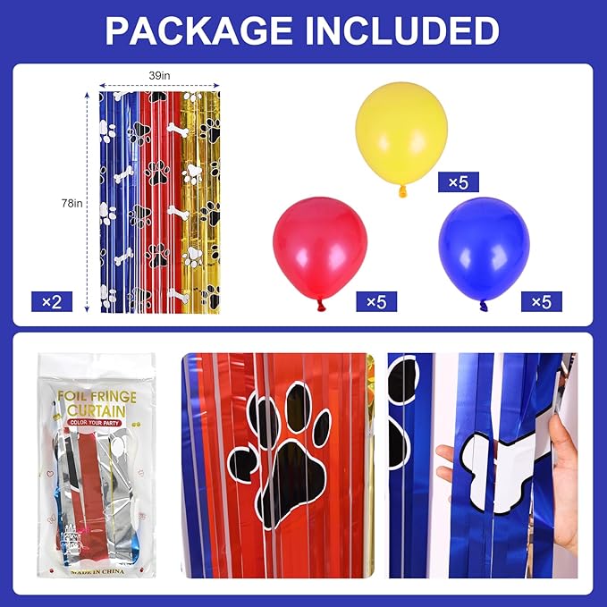Playful Paw Party Decor Kit with 15 Balloons - 2 Pack 3.3x6.6ft Tinsel Fringe Curtains Backdrop, Paw Photo Booth Props, Animal Birthday Party Supplies for Kids & Boys Room Decor