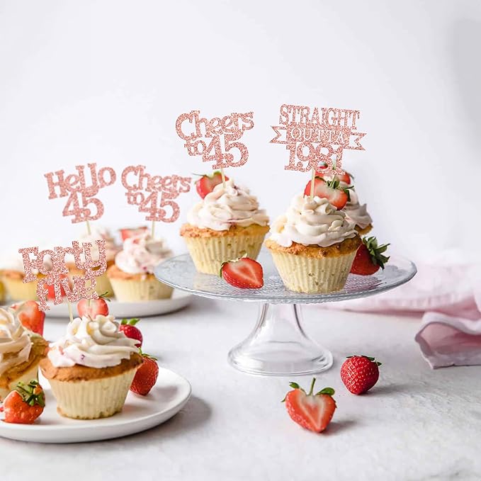 Ephlyn 24Pcs 45th Birthday Cupcake Toppers Glitter Straight Outta 1981 Cupcake Picks Hello 45 Cheers to 45 Years Cake Decorations for 45th Birthday Anniversary Party Decorations Supplies Rose Gold
